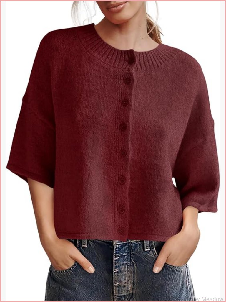 3/4 Sleeve Cropped Cardigan Sweater Button Down Crewneck Knit Tops Fall